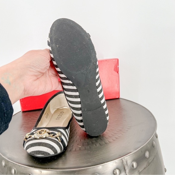 GUESS KARLYN BLACK WHITE CANVAS STRIPES,G GOLD CRYSTAL LOGO BALLET FLATS,SHOES - Picture 3 of 6